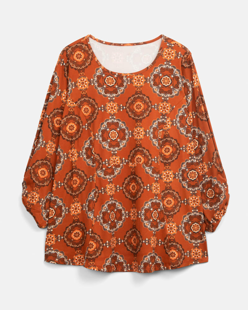 Front of a size 1X Harlow Babydoll Top in Orange by Molly & Isadora. | dia_product_style_image_id:209413